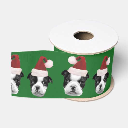 Gros-grain Vert 3" de Boston Terrier de Noël ruban de (Bobine)