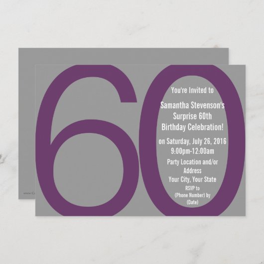 Grosses Invitations De Fête 6-0, Gris/Violet (Devant / Derrière)