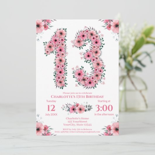 Grote 13e verjaardag groene olievlek roze bloemen kaart (Staand voorkant)