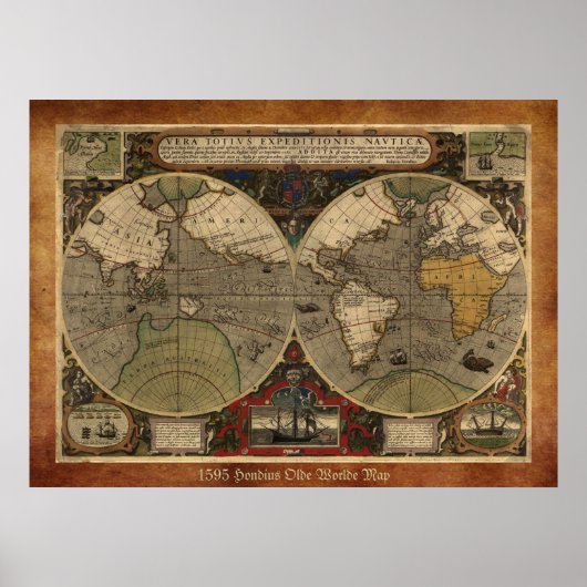Grote "1595 Wereldkaart van Hondius" historische k Poster (Voorkant)