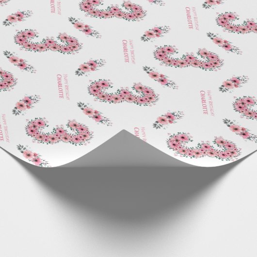 Grote 3e verjaardag groene olievlek roze bloemen cadeaupapier (Hoek)