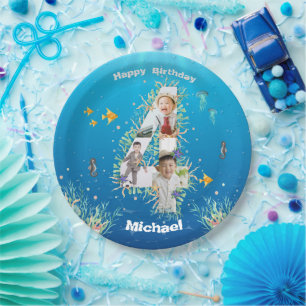 Grote 4-de-verjaardag fotocollage onder het Zee Papieren Bordje