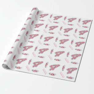 Grote 4-jarige groene olievlek Girl Pink Flowers Cadeaupapier