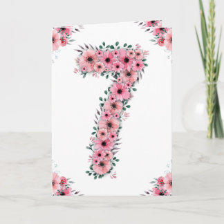 Grote 7e verjaardag Girl Pink Flowers Green Foliag Kaart