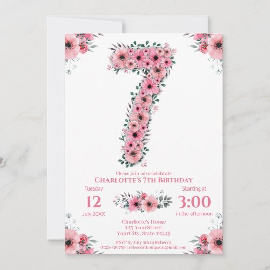 Grote 7e verjaardag Groene olievlek Roze bloemen Kaart (Voorkant)