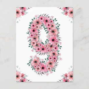 Grote 9e verjaardag Roze Bloemen Meisje Groen Loof Briefkaart