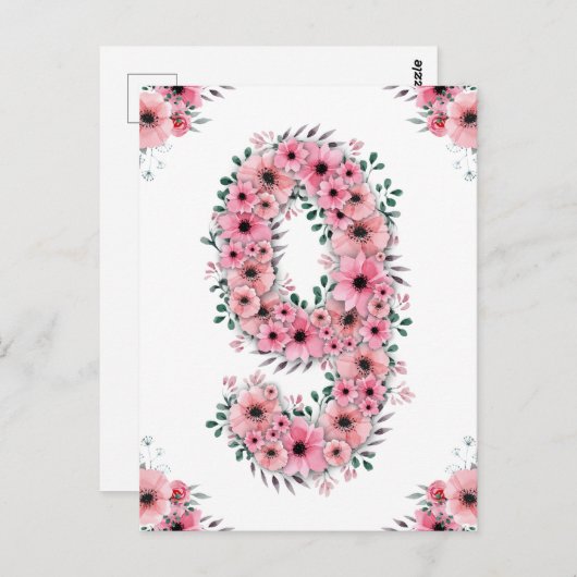 Grote 9e verjaardag Roze Bloemen Meisje Groen Loof Briefkaart (Voorkant / Achterkant)