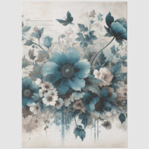 Grote Aqua Blue Geïnspireerd Bloemen Decoupage Tissuepapier
