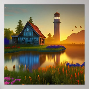 Grote Barn Farmhouse Pond bij zonsopgang Poster
