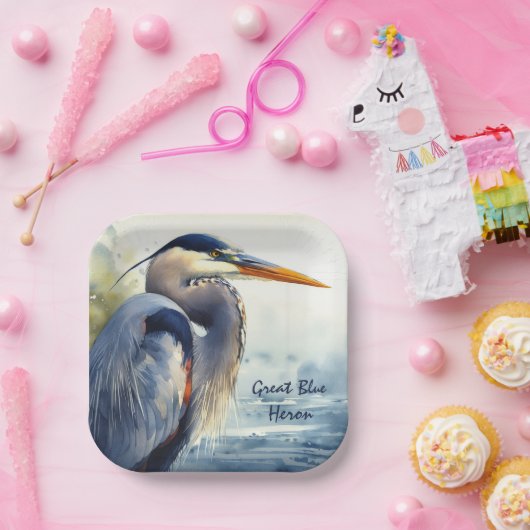 Grote Blauwe Heron Waterverf Vogelkunst Wetlands Papieren Bordje (Feest)