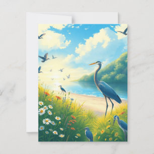 Grote Blauwe Heron Zonsondergang Wildbloemen Lands Briefkaart