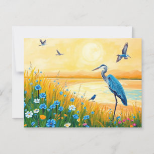 Grote Blauwe Heron Zonsondergang Wildbloemen Lands Briefkaart