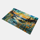 Grote Blauwe Heron Zonsondergang Wildbloemen Lands Deurmat (Schuin)