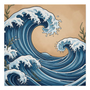 Grote Blauwe Oceaangolven Japanse Stijl Perfect Poster