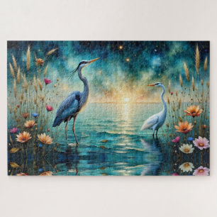 Grote blauwe reiger en ooievaarsbloemen in water legpuzzel