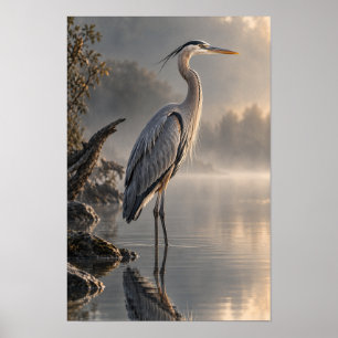 Grote Blauwe Reiger in Nevelig Water Natuurlijke M Poster