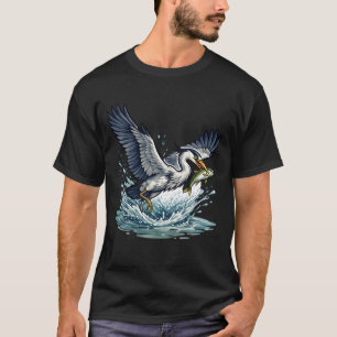 Grote Blauwe Reiger Vangt Vis Wetland Natuur T-shirt