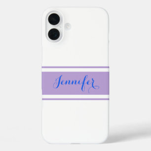 Grote Blauwe Script Naam, Lavendelstrepen op Wit iPhone 16 Plus Hoesje