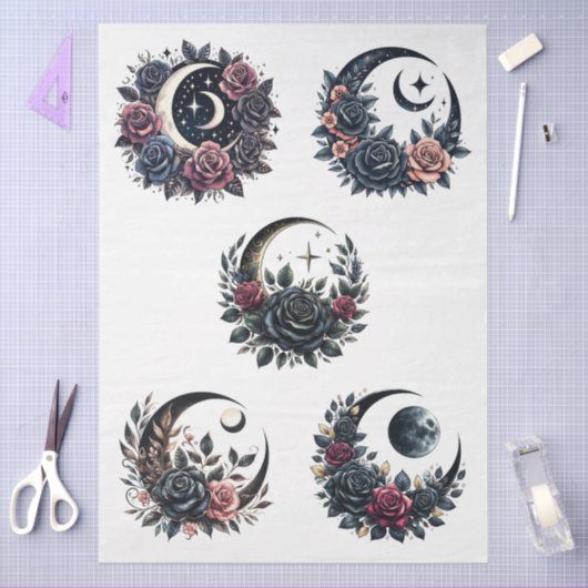 Grote Bloemen Gothic Crescent Moons & Rozen Decoup Tissuepapier (Craft)