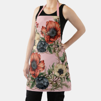 Grote bloemen in rijke roest, diep paars, crème schort
