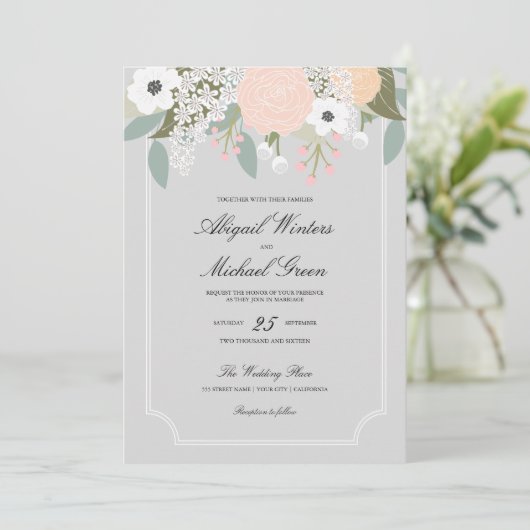 Grote bloemenbruiloft uitnodiging (Staand voorkant)
