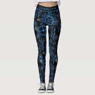 Grote bloesem blauwe gepersonaliseerde naam leggings