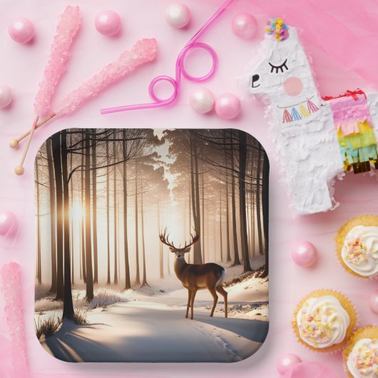 Grote bok in het winterbos papieren bordje (Feest)