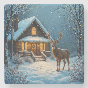 Grote bok's besneeuwde kerstbezoek stenen onderzetter