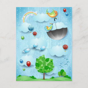 Grote boom en vliegende vogels briefkaart