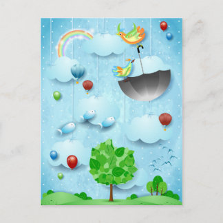 Grote boom en vliegende vogels briefkaart