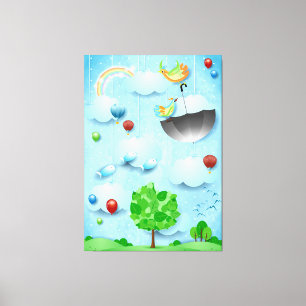Grote boom en vliegende vogels canvas afdruk