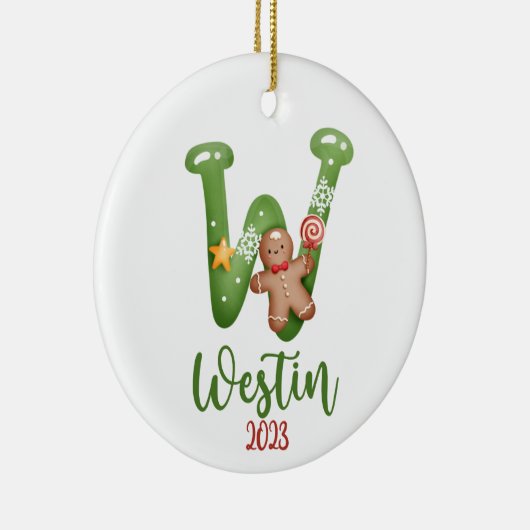 Grote brief, naam en datum gepersonaliseerd keramisch ornament (Rechts)