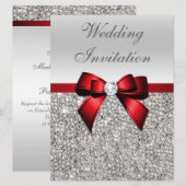 Grote Bruiloft Faux Zilver Sequins Rode Boog Kaart (Voorkant / Achterkant)