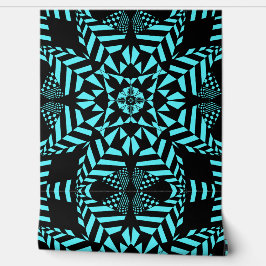 Grote cirkels en geometrische bloemen zwart en aqu behang