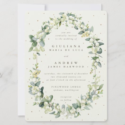 Grote crème sneeuwbes + eucalyptus winter bruiloft kaart (Voorkant)