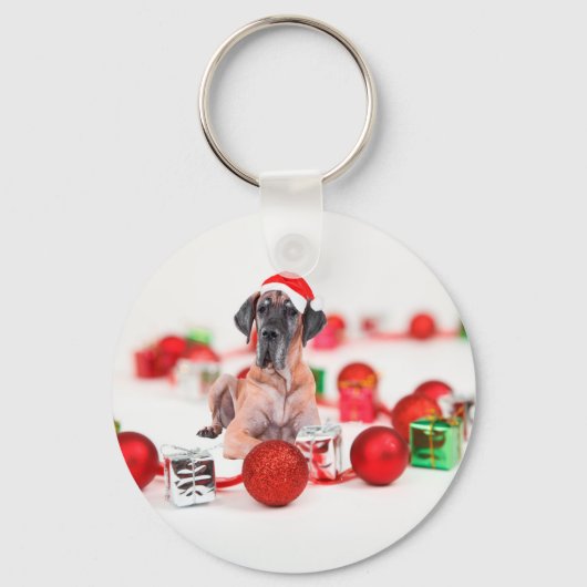 Grote Dane Hond met Kerstmis Ornamenten Cadeaus Sleutelhanger (Voorkant)
