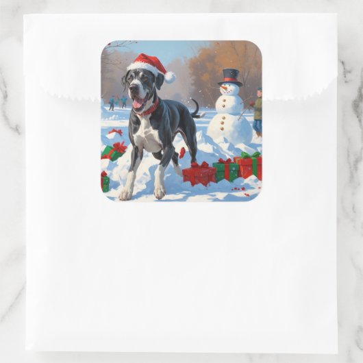 Grote Deen Hardlopen in Sneeuw Met Kerst Pet Vierkante Sticker (Tas)