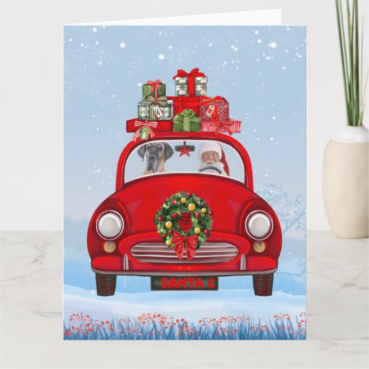 Grote deen-hond in de auto met de kerstman kaart (Voorkant)