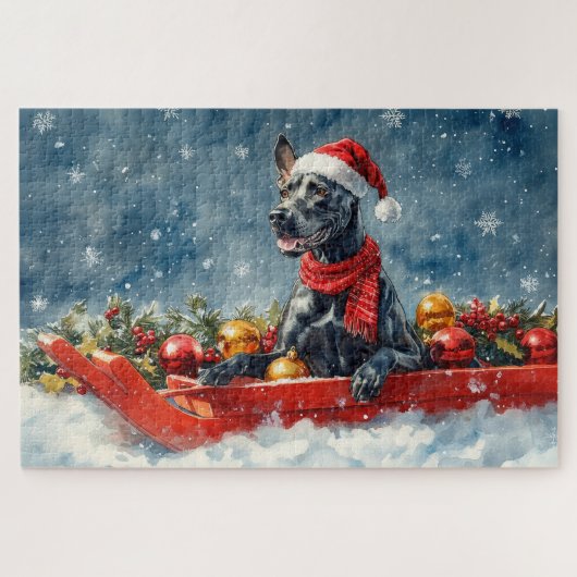 Grote Deen Hond In Sledge Laat Het Sneeuw Kerstmis Legpuzzel (Horizontaal)