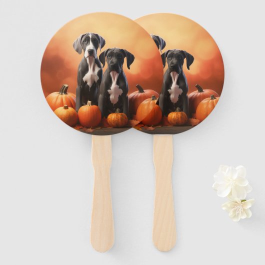 Grote Deen Puppy Herfst Delight Pompoen Handwaaier (Voorkant en achterkant)