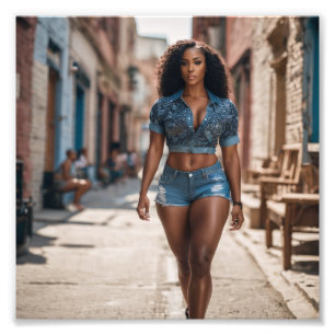 Grote Dijen Zwart Meisje in Fancy Denim Wandelen Foto Afdruk