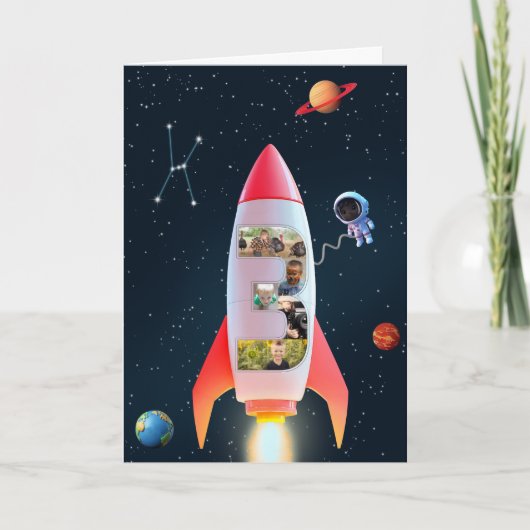Grote drie met foto's | 3e verjaardag Space Rocket Kaart (Voorkant)