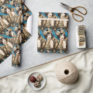 Grote Gatsby Flapper blauw goud zwart jaren 20 Cadeaupapier