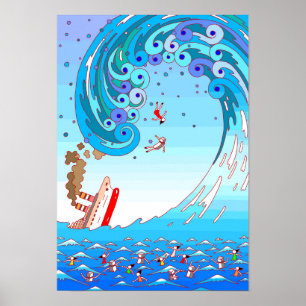 Grote golven en scheepswrakken. poster