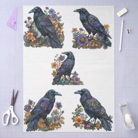 Grote Gotische Bloemen Zwarte Ravens Decoupage Tissuepapier (Craft)