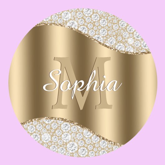 Grote gouden monogram, witte scriptnaam, diamanten ronde sticker