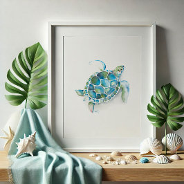 Grote groene en blauwe Waterverf Zee Turtle Art Poster