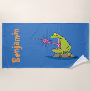Grote groene kikker die vliegende cartoon vangt strandlaken