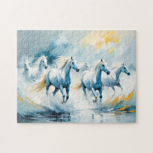 Grote groep witte paarden die door Zee rennen Legpuzzel