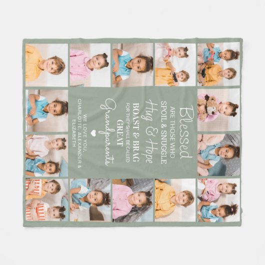 Grote Grootouders Custom Sage Groene Fotocollage Fleece Deken (Voorkant (Horizontaal))